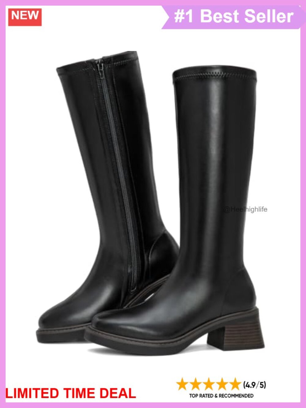 Women's Block Low Heel Knee High Boots Square Toe Riding Boots Faux Leather